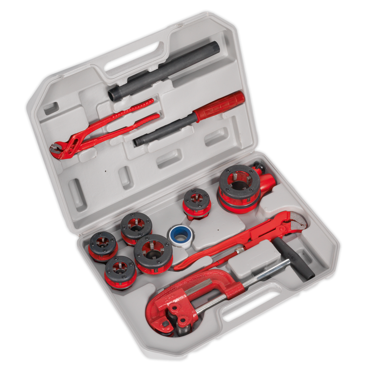 A lightweight plastic carrying case contains a Sealey Pipe Threading Kit 1/4" - 1-1/4"BSPT - PTK993. The kit includes threader dies, a pipe cutter, and a pipe wrench, all neatly organized in their designated slots for easy access and convenience.