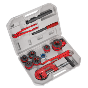 A lightweight plastic carrying case contains a Sealey Pipe Threading Kit 1/4" - 1-1/4"BSPT - PTK993. The kit includes threader dies, a pipe cutter, and a pipe wrench, all neatly organized in their designated slots for easy access and convenience.