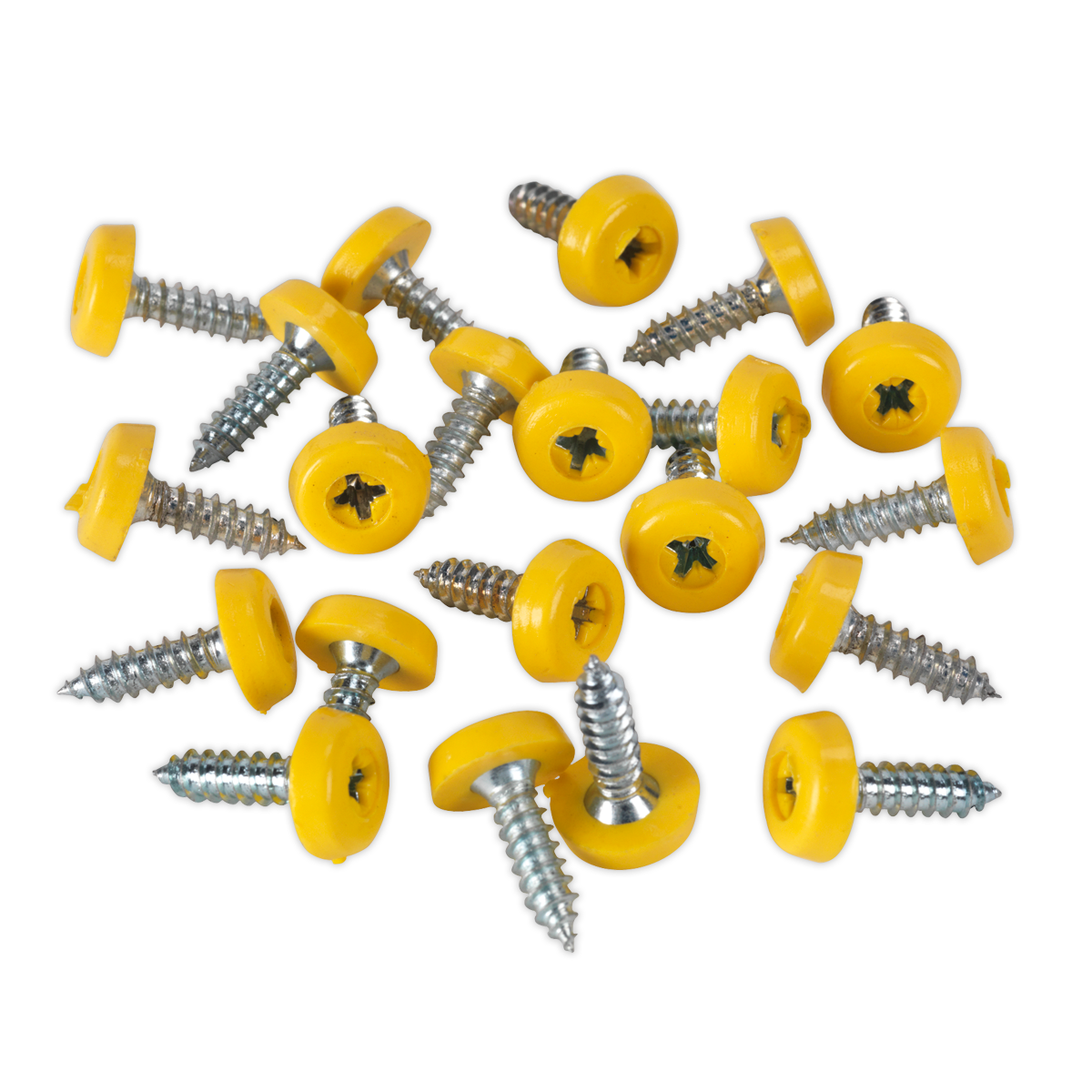 A pack of Sealey's Numberplate Screw Plastic Enclosed Head 4.8 x 18mm Yellow Pack of 50 (PTNP2) scattered on a white background.