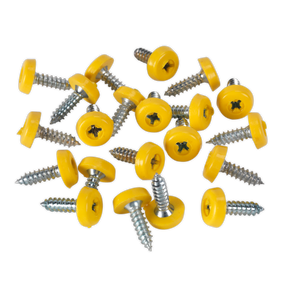 A pack of Sealey's Numberplate Screw Plastic Enclosed Head 4.8 x 18mm Yellow Pack of 50 (PTNP2) scattered on a white background.