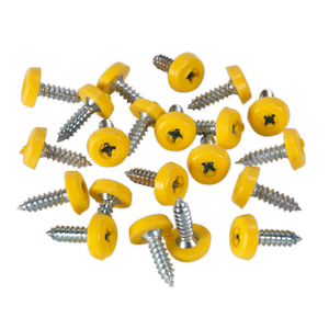 A pack of Sealey's Numberplate Screw Plastic Enclosed Head 4.8 x 18mm Yellow Pack of 50 (PTNP2) scattered on a white background.