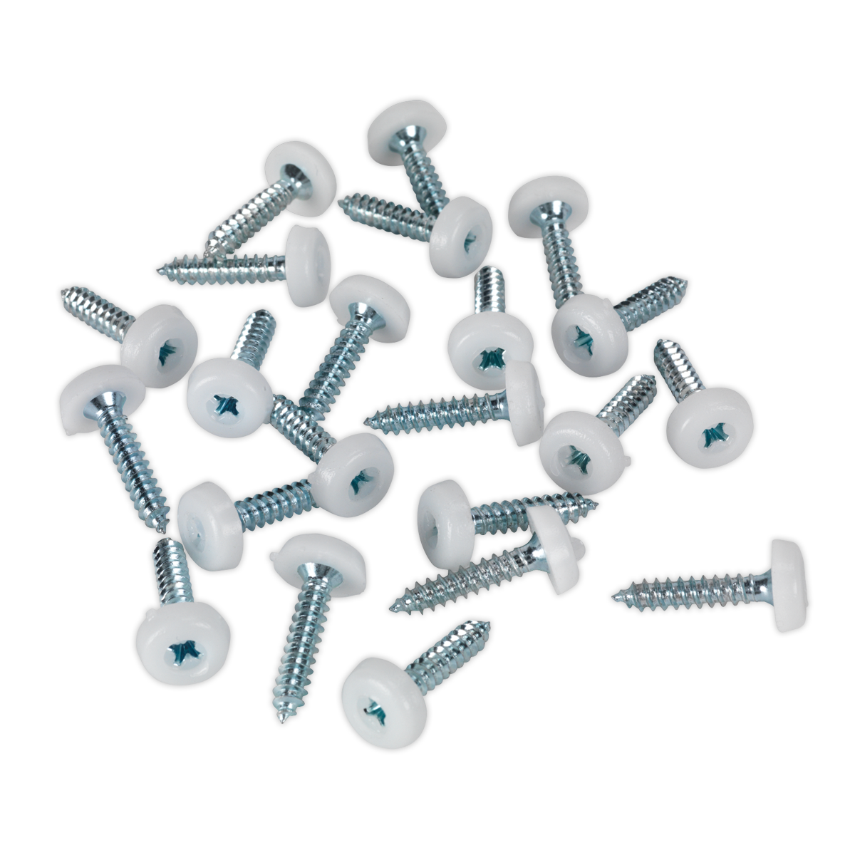 A pack of Sealey Numberplate Screw Plastic Enclosed Head 4.8 x 24mm White (PTNP5) scattered on a white background.