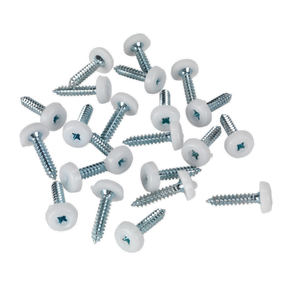 A pack of Sealey Numberplate Screw Plastic Enclosed Head 4.8 x 24mm White (PTNP5) scattered on a white background.