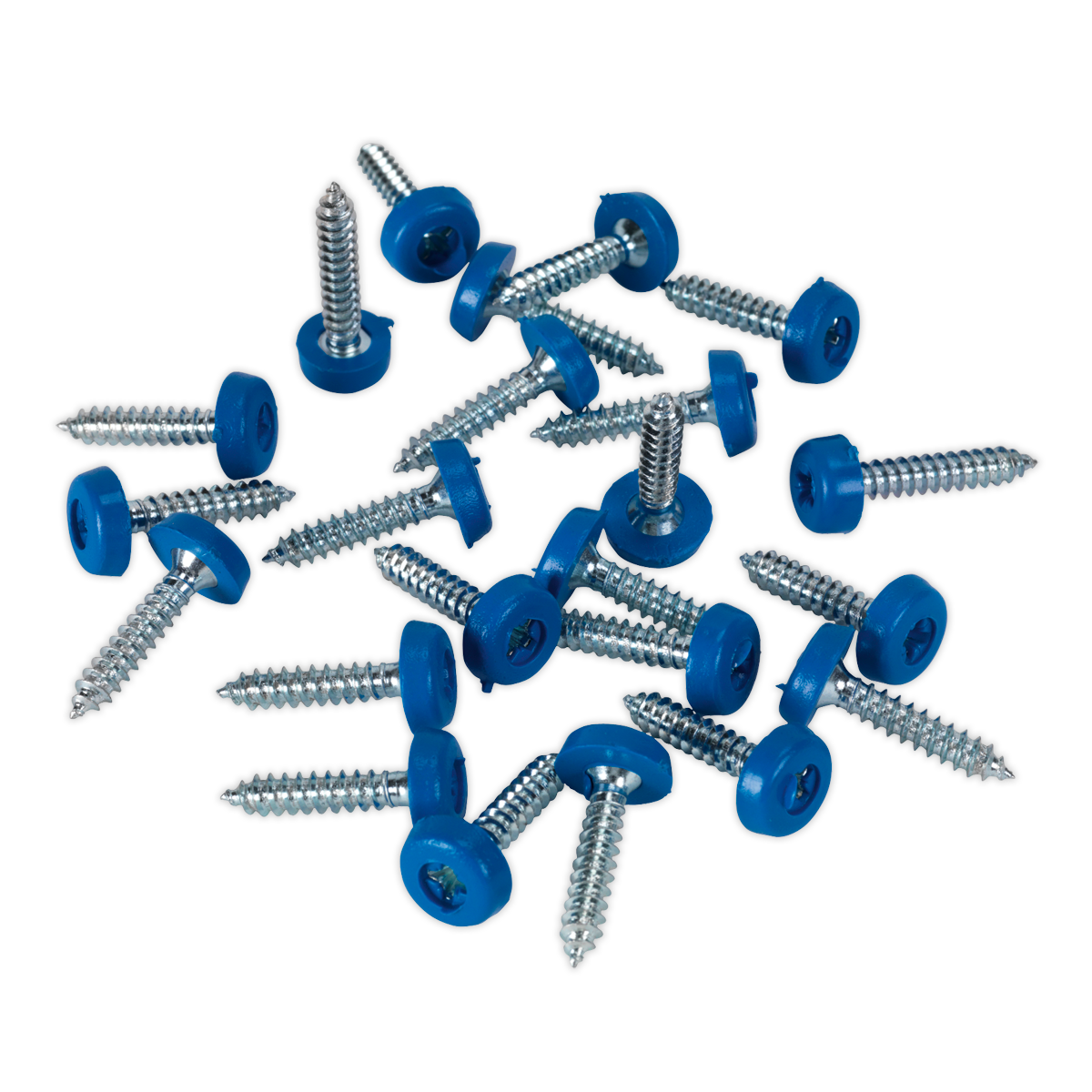 A scattered pile of Sealey Numberplate Screw Plastic Enclosed Head 4.8 x 24mm Blue PTNP8 against a white background, perfect as number plate screws from a pack of 50.