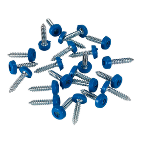 A scattered pile of Sealey Numberplate Screw Plastic Enclosed Head 4.8 x 24mm Blue PTNP8 against a white background, perfect as number plate screws from a pack of 50.