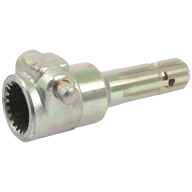 Sparex PTO Adaptor - Female spline 1 3/4'' - 20 x Male spline 1 3/8'' - 6 with Quick Release Pin (S.16247), featuring a metallic cylindrical body, notched interior, quick release pin on its side, and a series of parallel grooves near the end.