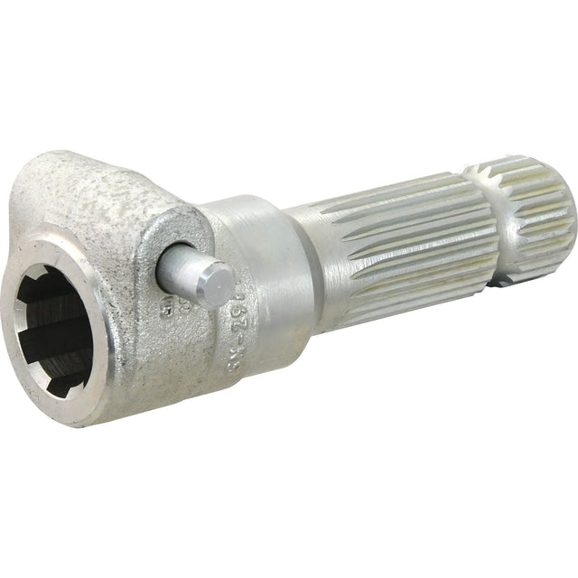 The Sparex PTO Adaptor (S.3738) is a standard duty metal mechanical part featuring a hexagonal hole on one end and a grooved, cylindrical shape on the other, designed for use in machinery or automotive applications. The adaptor has a female spline of 1 3/8'' - 6 and a male spline of 1 3/8'' - 21 with a quick release pin.