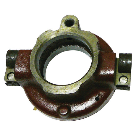 The Sparex Clutch Release Bearing - S.61946 is a metal machinery component with a large central hole and two smaller cylindrical extensions on each side. Painted in red, it includes multiple threaded holes for bolts or screws and is designed for bearing type applications, making it ideal for various equipment needs.