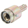 The Sparex PTO Over-Running Adaptor, S.15451, features a standard duty metal cylindrical design with multiple notches, a hollow core, and an external threaded part. This adaptor includes a female spline of 1 1/8'' - 6 and a male spline of 1 3/8'' - 6 with a locking pin, making it ideal for use in Massey Ferguson tractors.