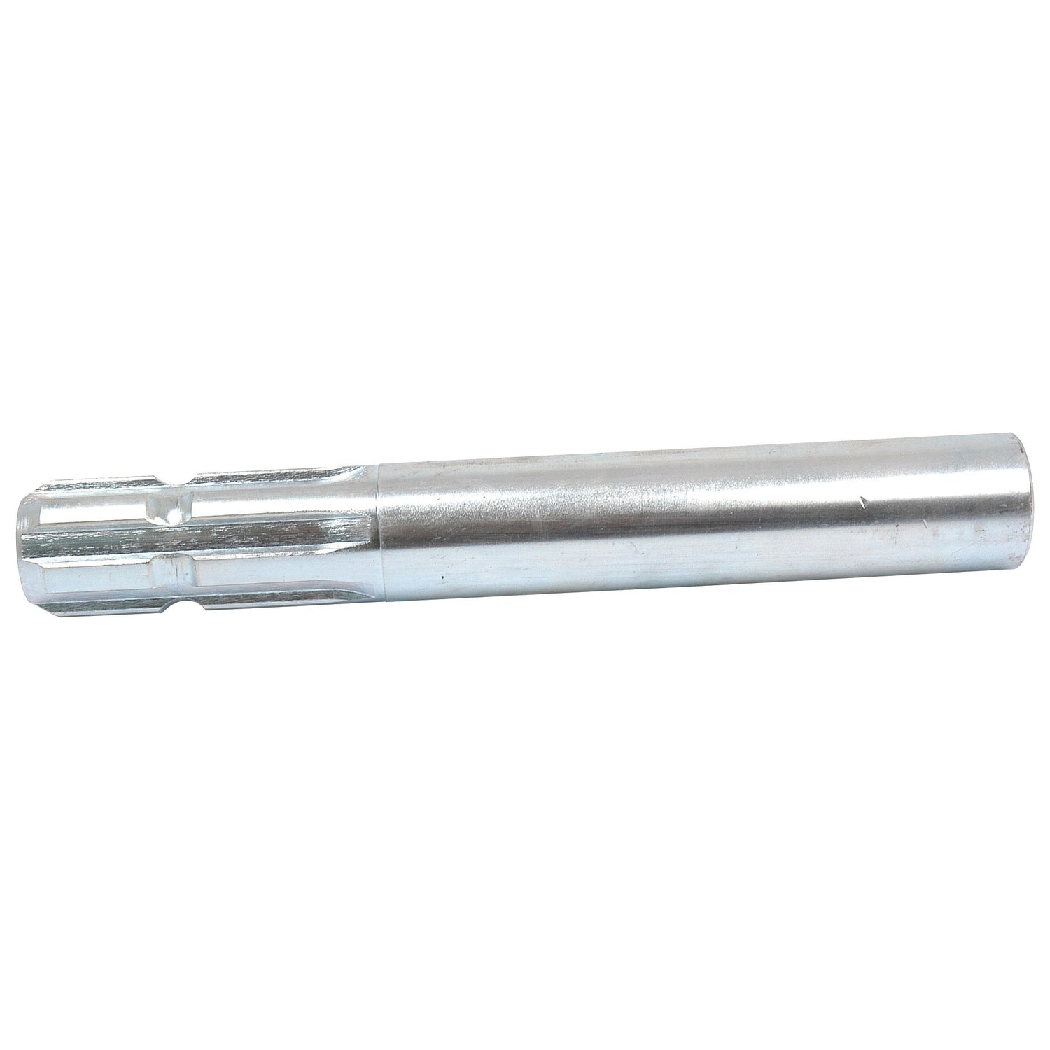 The Sparex PTO Splined Shaft - One End - 1 3/8'' - 6 Spline, with a length of 250mm (Part No. S.1546), is a silver metal cylindrical object featuring a notched end, designed to function as a precise tool or component part.