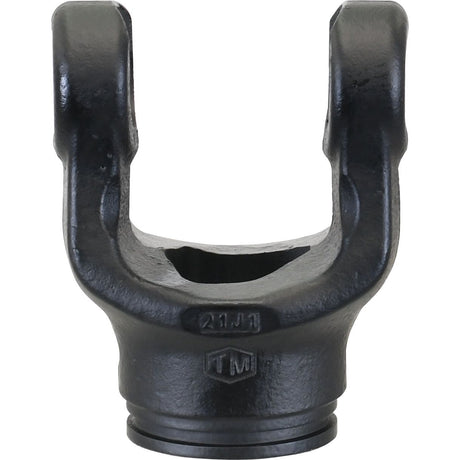 Close-up view of a black metallic PTO Tube Yoke, part of the Sparex PTO Series, featuring a design resembling a U-joint yoke. Initials "TM" and numbers "2114" are embossed on it. This universal joint component, with dimensions 27 x 70mm for the U/J and profile size 43.5 x 43.5 x 3mm, is designed for durability and precision. It is referenced as Ref: 12508 or Sparex Part No.S.6091.
