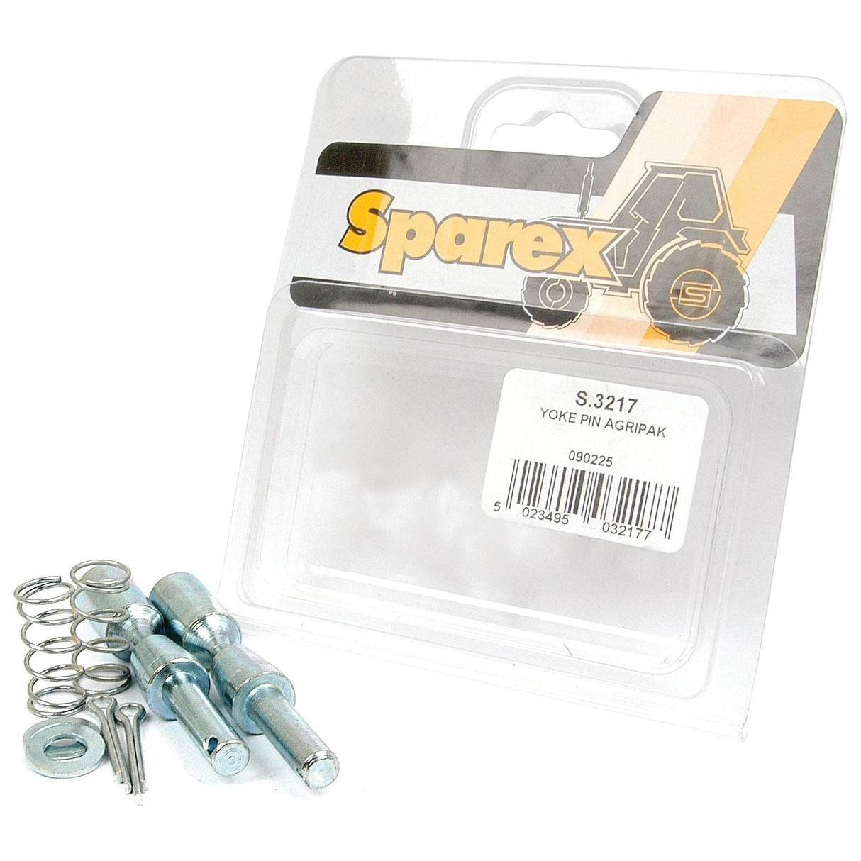 A package labeled "Sparex Part No. S.3217" contains an Agripak with two PTO yoke pins, each with a pin diameter of 14mm, along with various metal components and springs.