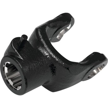 A Sparex black PTO Yoke - Quick Release, featuring a textured surface and machined edges, is commonly used in connecting rotating shafts in mechanical systems. It is compatible with Weasler's PTO Series for precise universal joint dimensions (U/J Size: 23.8 x 61.2mm), with a size of 1 1/8''-6 Spline and identified by Sparex Part No.S.115371.