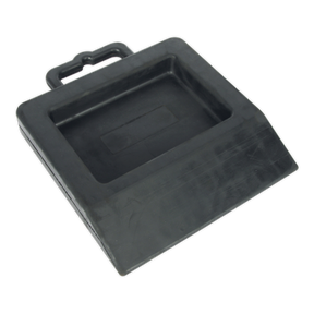 The Sealey Pallet Truck Stop - PTS1 is a black plastic ramp equipped with a handle for easy lifting and features a durable, non-slip rubber surface to enhance safety.