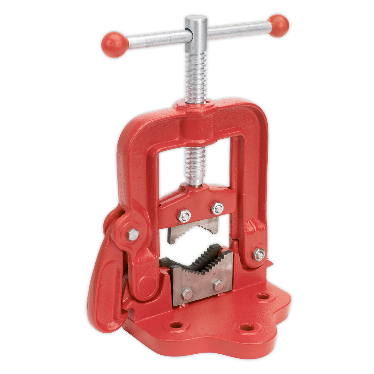 An 85mm bench model pipe vise, the PV63B by Sealey, features a red finish with a turning handle and serrated jaws designed to securely clamp and hold pipes or electrical conduits in place.