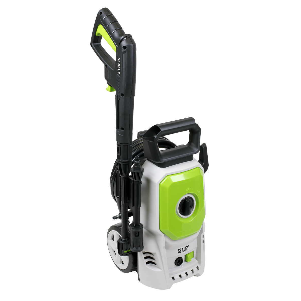 The Sealey Pressure Washer 100bar 390L/hr with TSS & Rotablast® Nozzle - PW1610, features a powerful motor and comes in white and green, equipped with a black handle and attached hose. It stands on wheels for easy mobility.