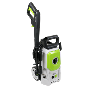 The Sealey Pressure Washer 100bar 390L/hr with TSS & Rotablast® Nozzle - PW1610, features a powerful motor and comes in white and green, equipped with a black handle and attached hose. It stands on wheels for easy mobility.