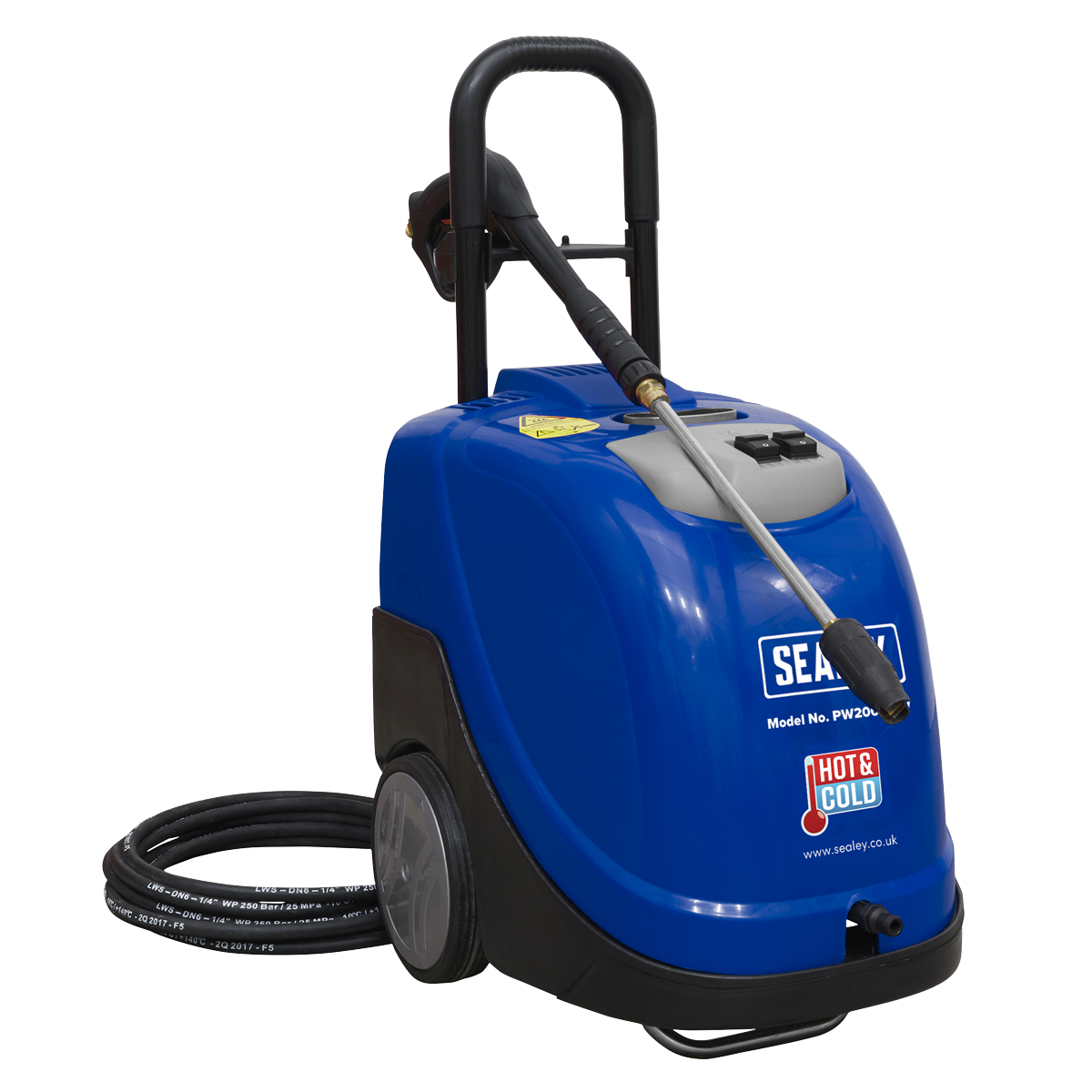 The Sealey Hot Water Pressure Washer 135bar 230V - PW2000HW is a heavy-duty power washer equipped with a mounted hose, handle, and wheels. It features "Hot/Cold" options, a diesel water heater, and a Total Stop System for efficient operation.