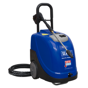 The Sealey Hot Water Pressure Washer 135bar 230V - PW2000HW is a heavy-duty power washer equipped with a mounted hose, handle, and wheels. It features "Hot/Cold" options, a diesel water heater, and a Total Stop System for efficient operation.