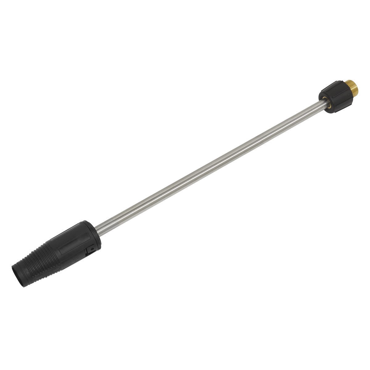 Introducing the Sealey Variable Lance for PW2200 & PW2500 - PWA01, a sleek silver pressure washer lance equipped with a black nozzle at one end and a brass connector at the other. It features a versatile spray function, perfect for delivering a powerful jet to clean vehicles efficiently.