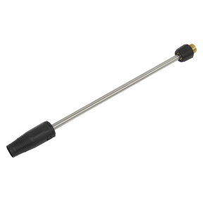 Introducing the Sealey Variable Lance for PW2200 & PW2500 - PWA01, a sleek silver pressure washer lance equipped with a black nozzle at one end and a brass connector at the other. It features a versatile spray function, perfect for delivering a powerful jet to clean vehicles efficiently.