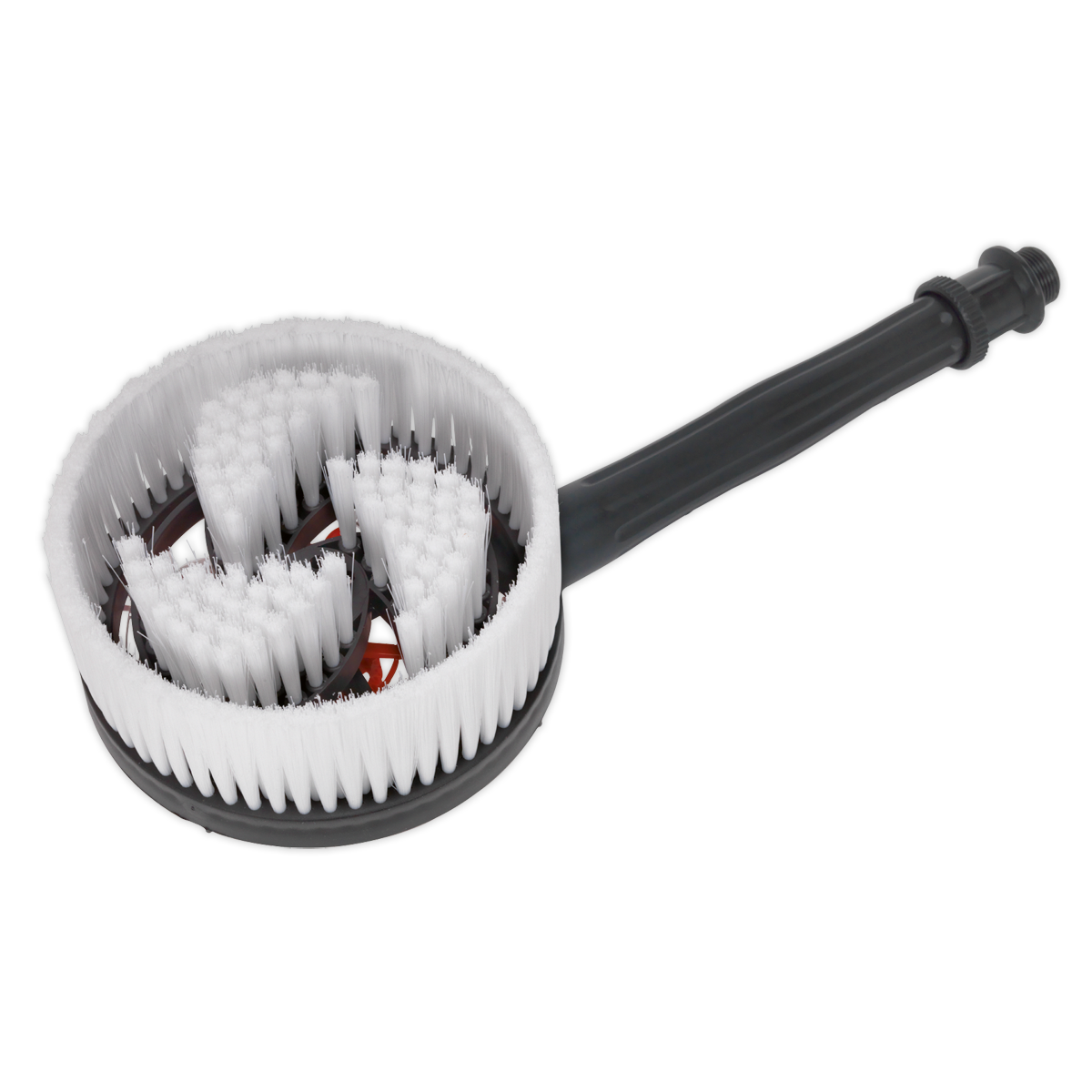 Introducing the Rotary Brush for PW2200 & PW2500 - PWA04 by Sealey, a robust cleaning accessory designed with soft white bristles and a black handle, utilizing water flow propelled functionality for efficient cleaning applications.