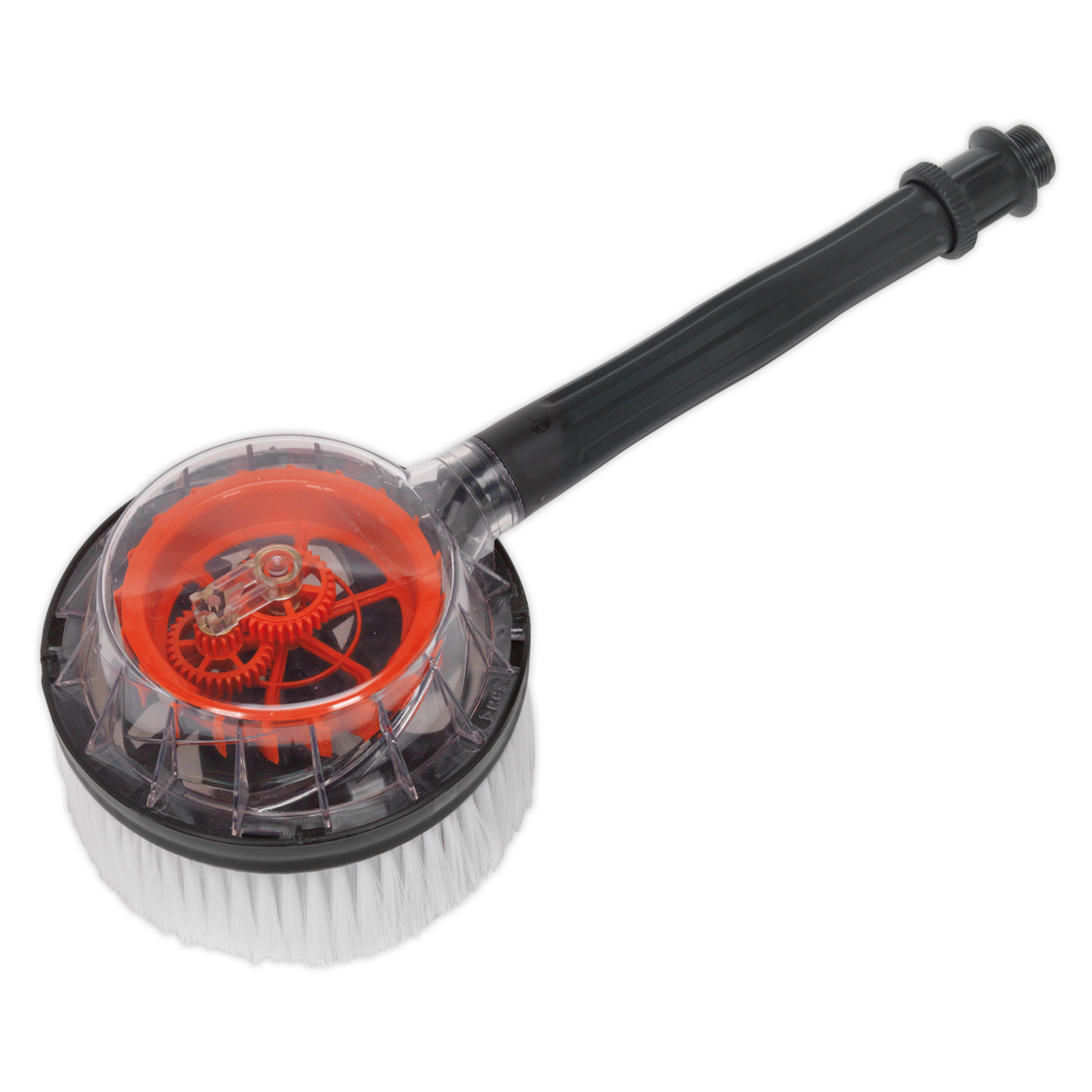 The Sealey Rotary Brush for PW2200 & PW2500 - PWA04 showcases a robust black handle and a transparent casing that reveals the red gears inside. The water flow propulsion mechanism ensures its soft bristles deliver an efficient and gentle cleaning experience.