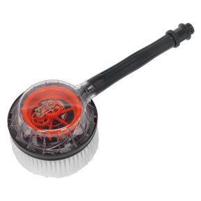 The Sealey Rotary Brush for PW2200 & PW2500 - PWA04 showcases a robust black handle and a transparent casing that reveals the red gears inside. The water flow propulsion mechanism ensures its soft bristles deliver an efficient and gentle cleaning experience.