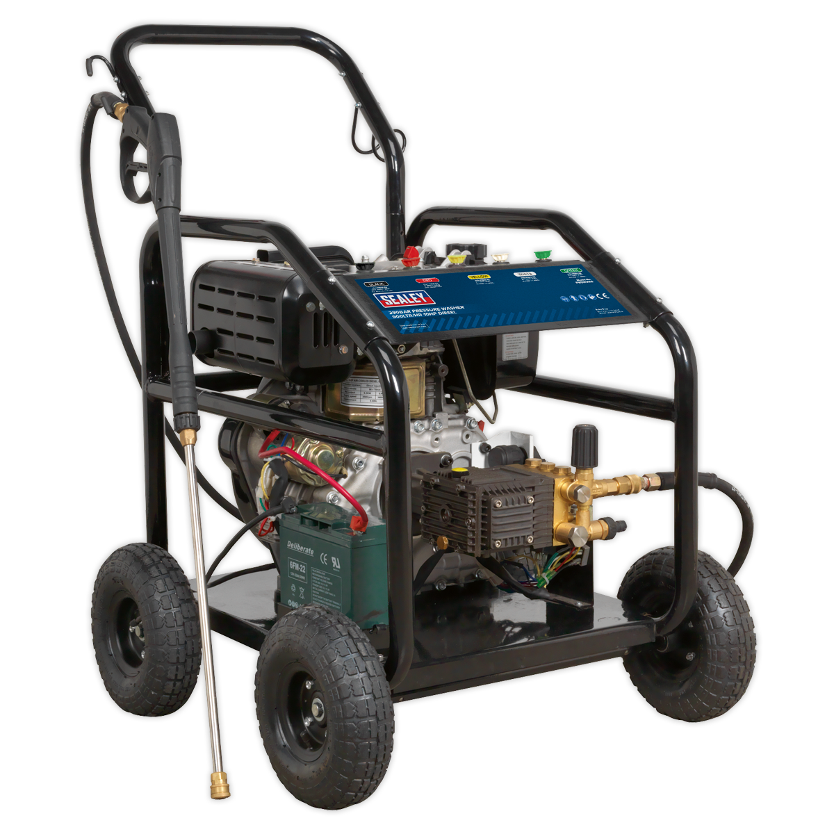 Introducing the Sealey Pressure Washer 290bar 900L/hr 10hp - Diesel - PWDM3600: This robust, diesel-powered pressure washer features a sturdy metal frame and engine, four-wheel mobility, and an attached hose, making it ideal for high-pressure cleaning tasks in commercial environments.