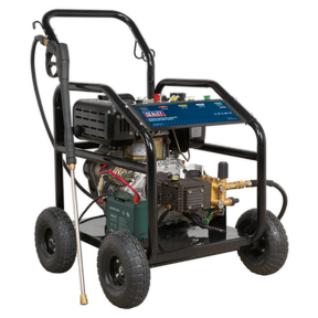 Introducing the Sealey Pressure Washer 290bar 900L/hr 10hp - Diesel - PWDM3600: This robust, diesel-powered pressure washer features a sturdy metal frame and engine, four-wheel mobility, and an attached hose, making it ideal for high-pressure cleaning tasks in commercial environments.