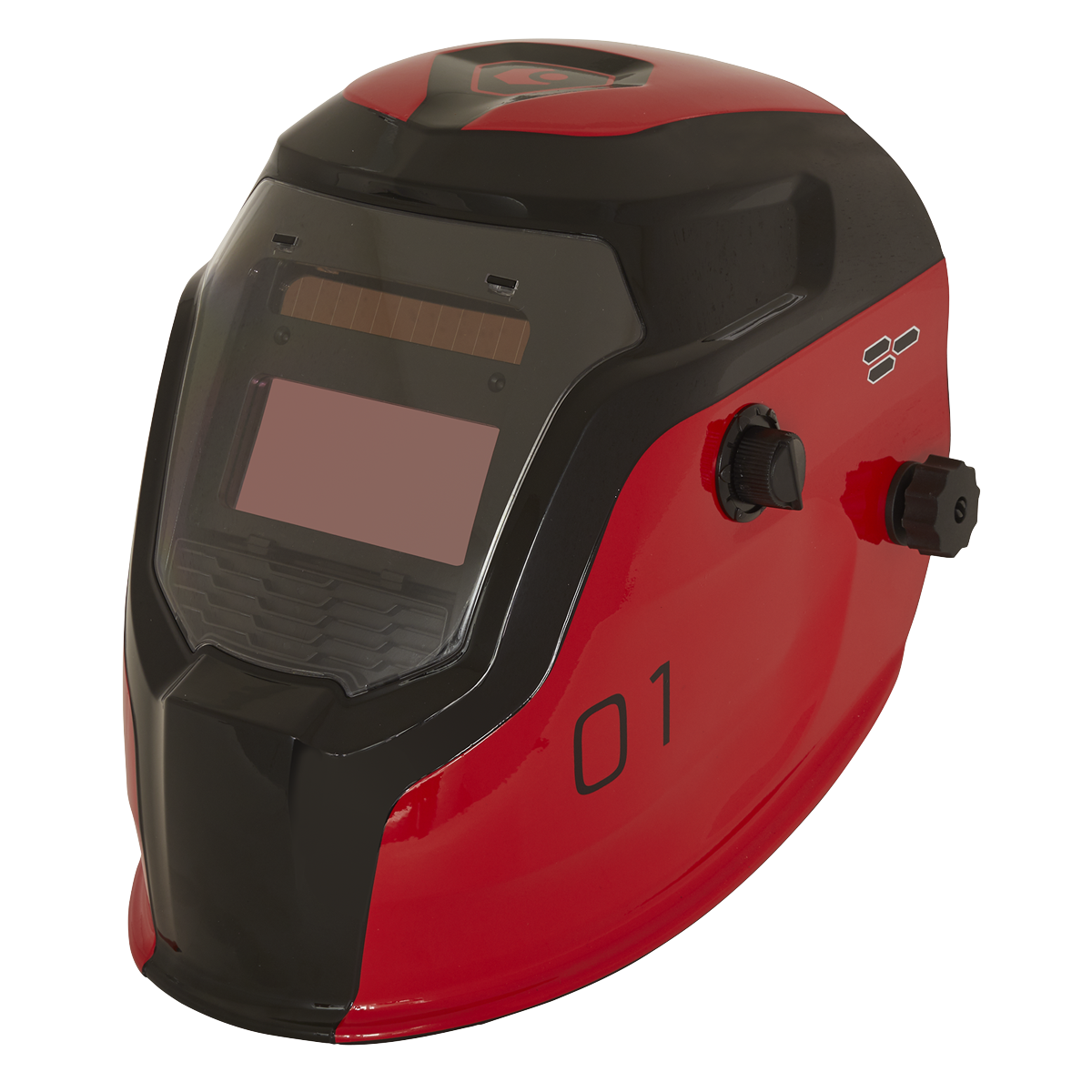 A Sealey Welding Helmet Auto Darkening - Shade 9-13 in red (PWH1), featuring a tinted viewing window and adjustment knobs on the side. The number "01" is printed on the surface, and it includes adjustable shade control for optimal vision.