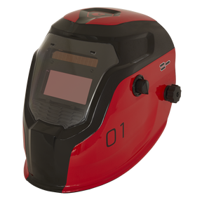 A Sealey Welding Helmet Auto Darkening - Shade 9-13 in red (PWH1), featuring a tinted viewing window and adjustment knobs on the side. The number "01" is printed on the surface, and it includes adjustable shade control for optimal vision.