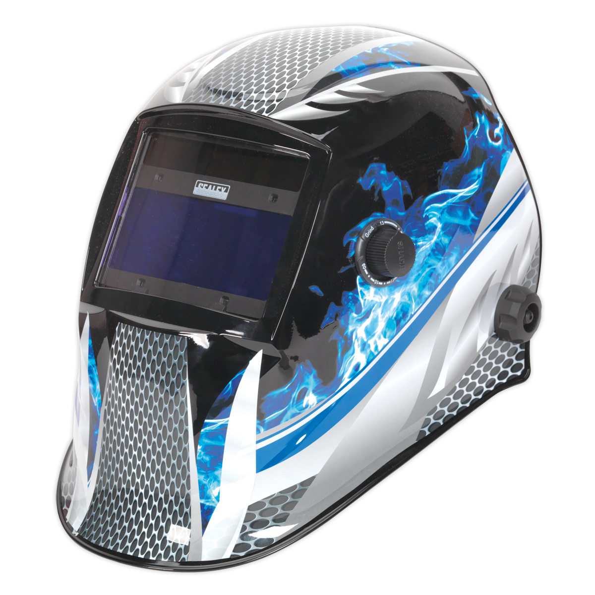 The Sealey Welding Helmet Auto Darkening - Shade 9-13 - PWH601 showcases a modern design with blue flame graphics and a front viewing window. It features a high-quality lens and adjustable side knobs for fit and functionality, making it ideal for any welding task.