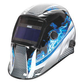 The Sealey Welding Helmet Auto Darkening - Shade 9-13 - PWH601 showcases a modern design with blue flame graphics and a front viewing window. It features a high-quality lens and adjustable side knobs for fit and functionality, making it ideal for any welding task.