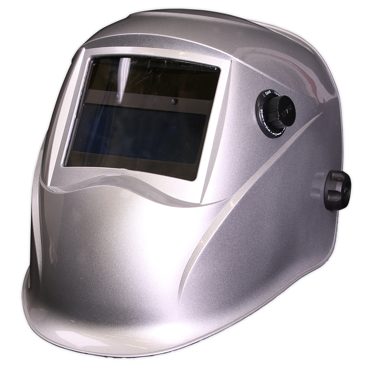 The Sealey Welding Helmet Auto Darkening - Shade 9-13 - Silver (PWH613) features a dark viewing window, adjustable knobs on the sides, and advanced True Colour technology for a clearer view. Its adjustable shade control ensures optimal protection during various welding tasks.