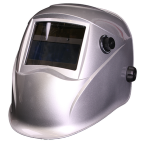 The Sealey Welding Helmet Auto Darkening - Shade 9-13 - Silver (PWH613) features a dark viewing window, adjustable knobs on the sides, and advanced True Colour technology for a clearer view. Its adjustable shade control ensures optimal protection during various welding tasks.