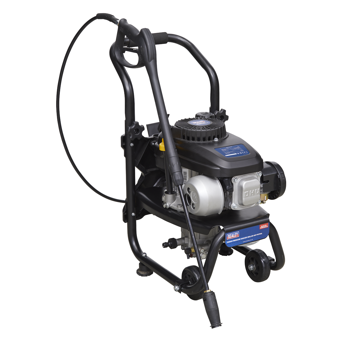 The Sealey Pressure Washer 150bar 360L/hr 4hp Petrol - PWM1300 comes in a sleek black and gray design with a handle, two wheels, an adjustable nozzle, and a front-attached hose. Ideal for both commercial and domestic applications.