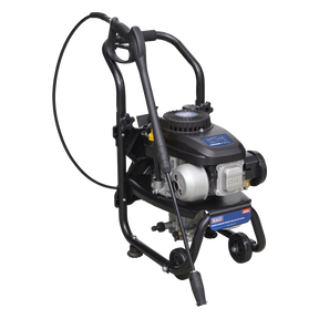 The Sealey Pressure Washer 150bar 360L/hr 4hp Petrol - PWM1300 comes in a sleek black and gray design with a handle, two wheels, an adjustable nozzle, and a front-attached hose. Ideal for both commercial and domestic applications.