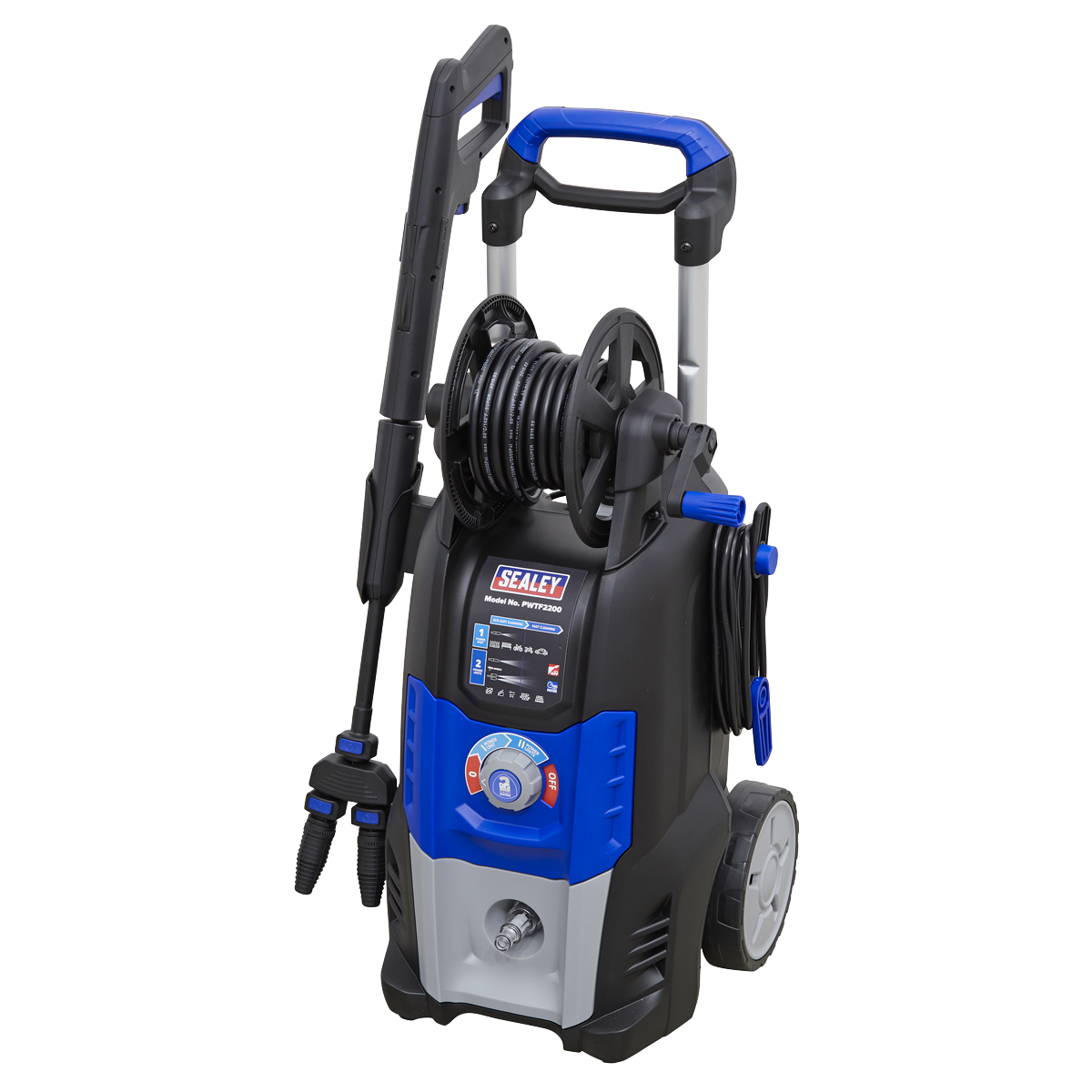 The Sealey PWTF2200 Pressure Washer features a blue and black body, hose reel, wheels for mobility, and a handle. It comes equipped with various controls, a gun-style attachment for spraying, and a Rotablast® twin nozzle capable of delivering 150bar pressure for efficient fast cleaning mode.