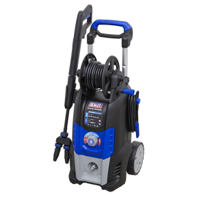 The Sealey PWTF2200 Pressure Washer features a blue and black body, hose reel, wheels for mobility, and a handle. It comes equipped with various controls, a gun-style attachment for spraying, and a Rotablast® twin nozzle capable of delivering 150bar pressure for efficient fast cleaning mode.