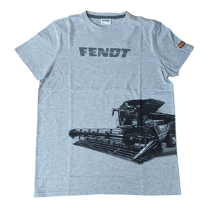 A gray AGCO Fendt men's T-shirt (X991018251) featuring the word "FENDT" printed on the chest and an illustration of a Fendt agricultural harvester on the lower front.