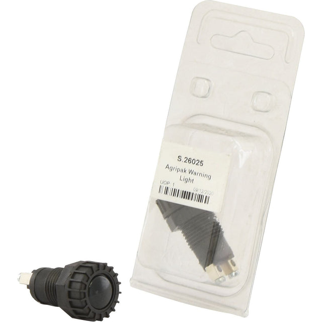 A packaged Sparex Panel and Dashboard Light Agripak - S.26025 is shown next to an unpackaged light, both with black casings and electrical connectors, featuring durable polycarbonate housings.