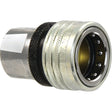 Close-up image of a Sparex Parker Quick Release Hydraulic Coupling, Part No. S.136290, made from carbon steel. It features a knurled grip and 3/4'' BSP female thread, with ball bearings visible in the connector.