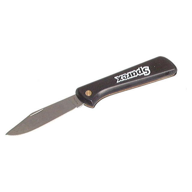 A partially open Penknife Black with a black plastic handle, featuring the word "Sparex" printed on it and its stainless steel blade exposed (Sparex Part No. S.14617).