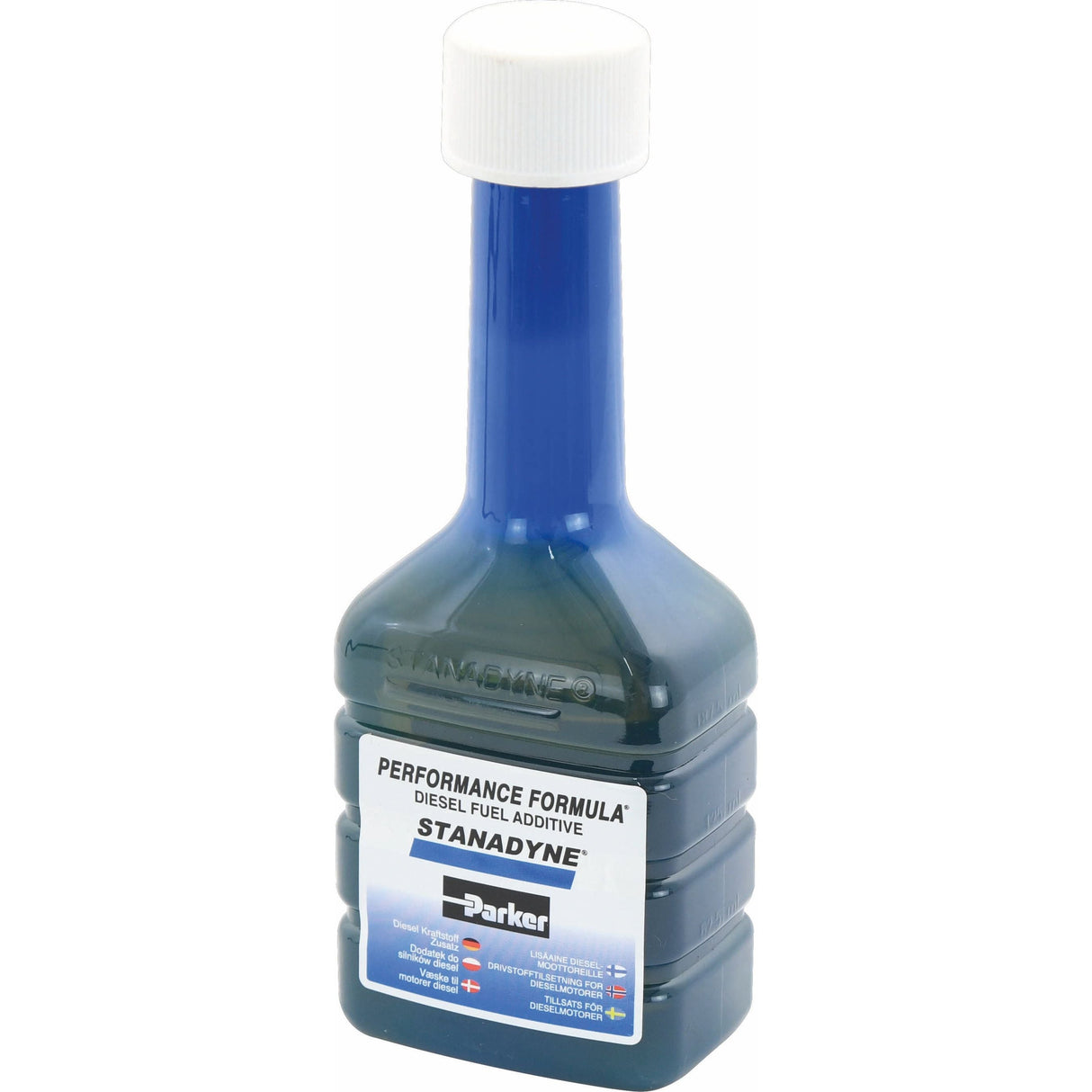 A 250ml bottle of Sparex Performance Formula diesel fuel additive, S.109636, featuring a white cap and blue labeling, is recognized as a suitable diesel fuel additive by Parker.