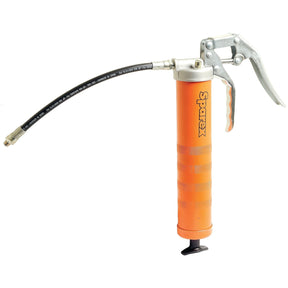 The Pistol Grip Grease Gun - S.3204, featuring the Sparex brand name on its orange barrel, is equipped with a flexible hose attachment. Designed for a variety of lubrication tasks, it’s crafted for optimal performance.