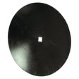 A plain, black, circular metal disc featuring a small 41mm square hole in the center, identified as the Plain Harrow Disc 560x4.5mm by Sparex (Part No.S.77701), is commonly found on Universal Tractors.