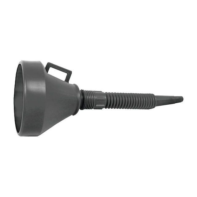 The Sparex Plastic Funnel -⌀145mm (5, 3/4'') - S.27381 features a black design with a ridged, flexible spout and handle, constructed from high-density polyethylene for enhanced durability.