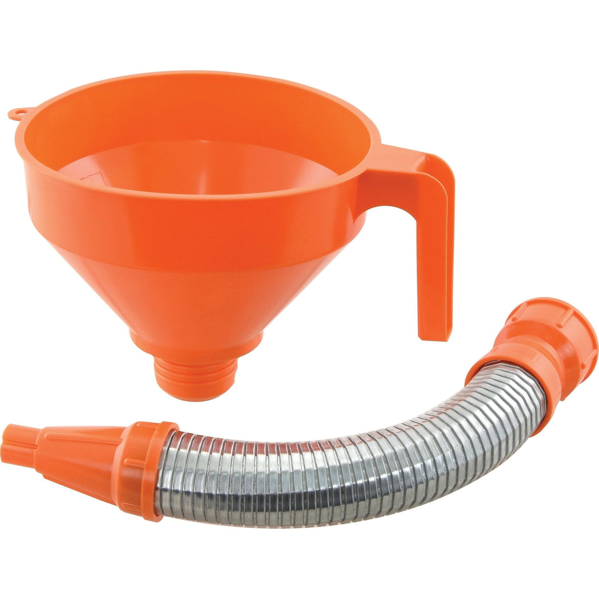 A plastic funnel with a 152mm diameter, crafted from high-density polyethylene, featuring a handle and detached from a flexible, ribbed metallic hose attachment—ideal for use with Pressol's Filter S.5594. This product is the Funnel (Plastic) Ø: 152mm - S.5740 by Sparex.