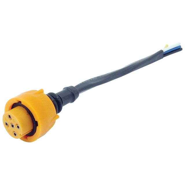 A yellow circular Sparex Plug for Rear Combination Light LH - S.24635 electrical connector with a connected black cable, featuring multiple small prongs and a protective outer casing.